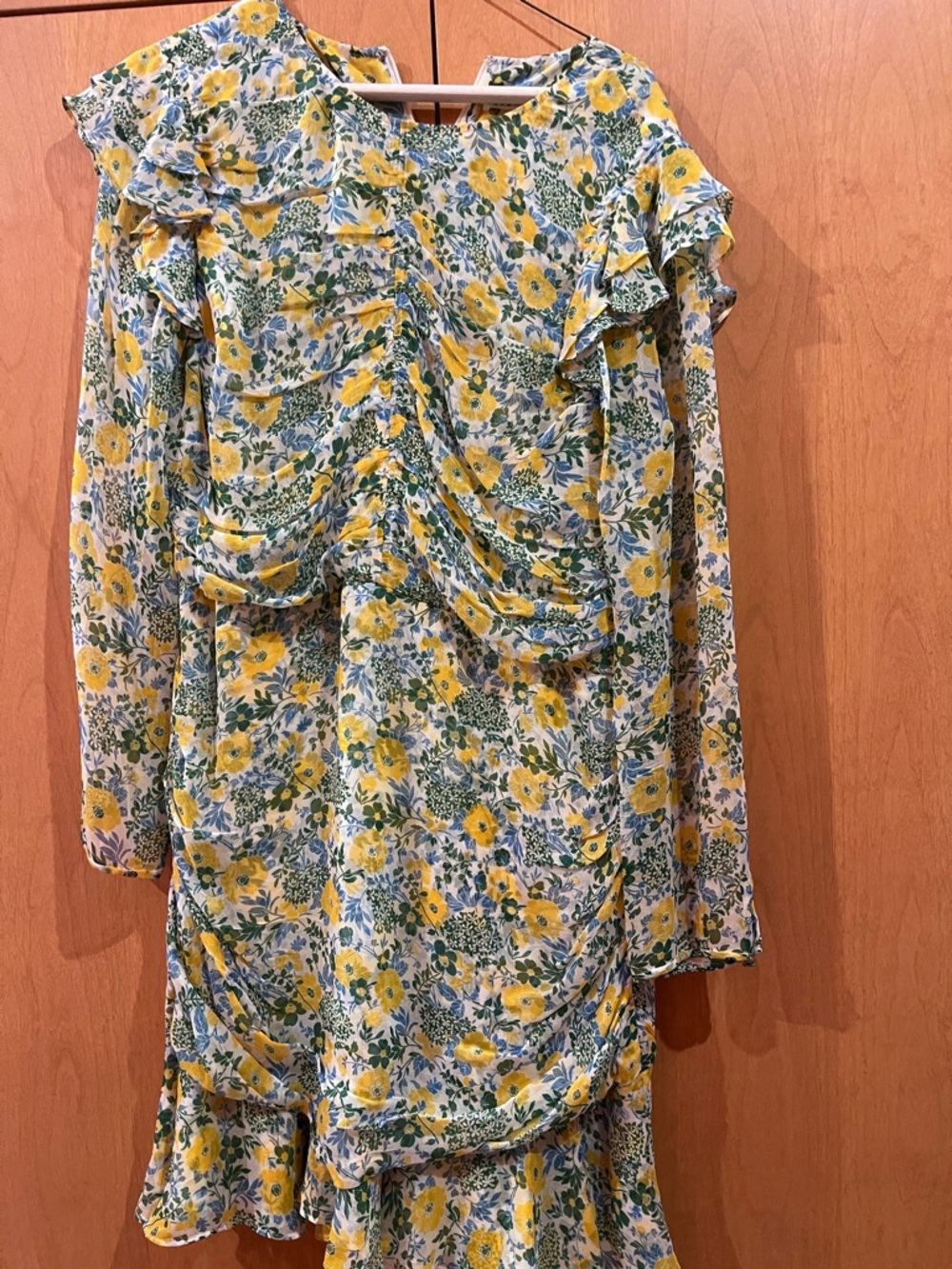 Veronica Beard Yellow Floral Ruffle Long-Sleeve Dress